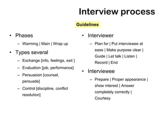 Interview process
                                        Guidelines

• Phases                                  • Interviewer
   – Warming | Main | Wrap up                 – Plan for | Put interviewee at
                                                ease | Make purpose clear |
• Types several
                                                Guide | Let talk | Listen |
   – Exchange [info, feelings, exit ]
                                                Record | End
   – Evaluation [job, performance]
                                          • Interviewee
   – Persuasion [counsel,
      persuade]                               – Prepare | Proper appearance |
                                                show interest | Answer
   – Control [discipline, conflict
                                                completely correctly |
      resolution]
                                                Courtesy
 