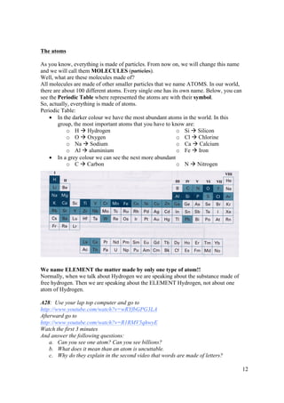 12
The atoms
As you know, everything is made of particles. From now on, we will change this name
and we will call them MOLECULES (particles).
Well, what are these molecules made of?
All molecules are made of other smaller particles that we name ATOMS. In our world,
there are about 100 different atoms. Every single one has its own name. Below, you can
see the Periodic Table where represented the atoms are with their symbol.
So, actually, everything is made of atoms.
Periodic Table:
• In the darker colour we have the most abundant atoms in the world. In this
group, the most important atoms that you have to know are:
o H à Hydrogen
o O à Oxygen
o Na à Sodium
o Al à aluminium
o Si à Silicon
o Cl à Chlorine
o Ca à Calcium
o Fe à Iron
• In a grey colour we can see the next more abundant
o C à Carbon o N à Nitrogen
We name ELEMENT the matter made by only one type of atom!!
Normally, when we talk about Hydrogen we are speaking about the substance made of
free hydrogen. Then we are speaking about the ELEMENT Hydrogen, not about one
atom of Hydrogen.
A28: Use your lap top computer and go to
http://www.youtube.com/watch?v=wRYfbGPG3LA
Afterward go to
http://www.youtube.com/watch?v=R1RMV5qhwyE
Watch the first 3 minutes
And answer the following questions:
a. Can you see one atom? Can you see billions?
b. What does it mean than an atom is uncuttable.
c. Why do they explain in the second video that words are made of letters?
 
