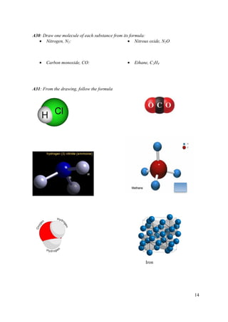 14
A30: Draw one molecule of each substance from its formula:
• Nitrogen, N2:
• Carbon monoxide, CO:
• Nitrous oxide, N2O
• Ethane, C2H4
A31: From the drawing, follow the formula
Iron
 