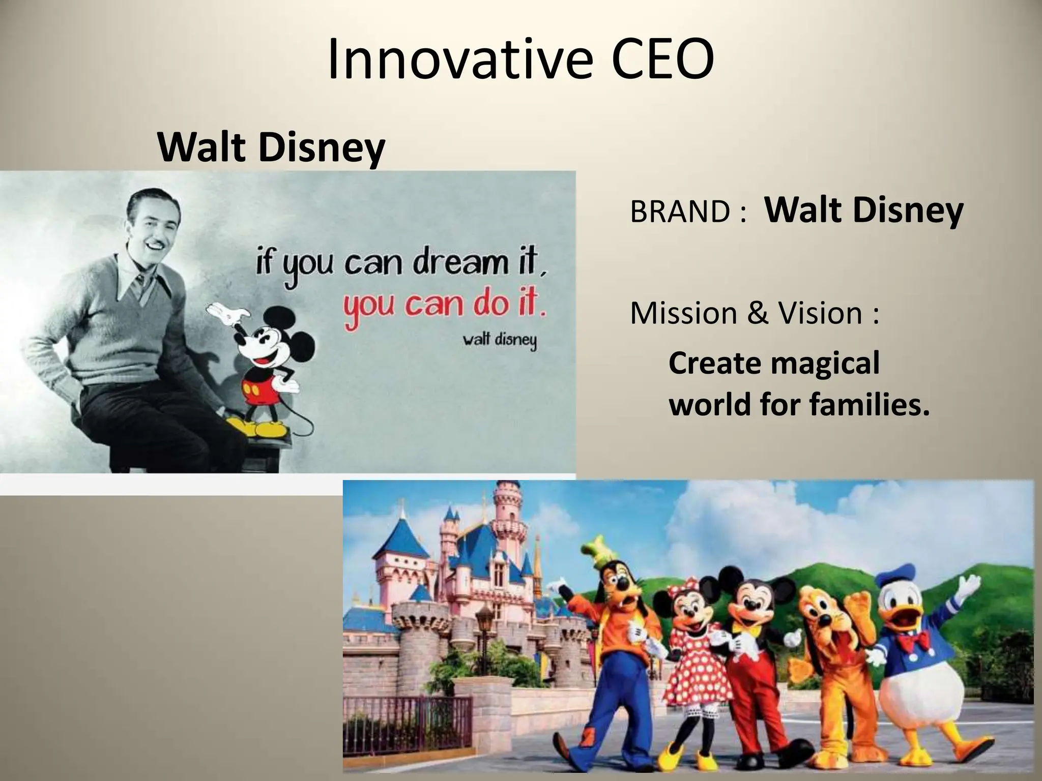 Innovative CEO
Walt Disney
BRAND : Walt Disney
Mission & Vision :
Create magical
world for families.
 