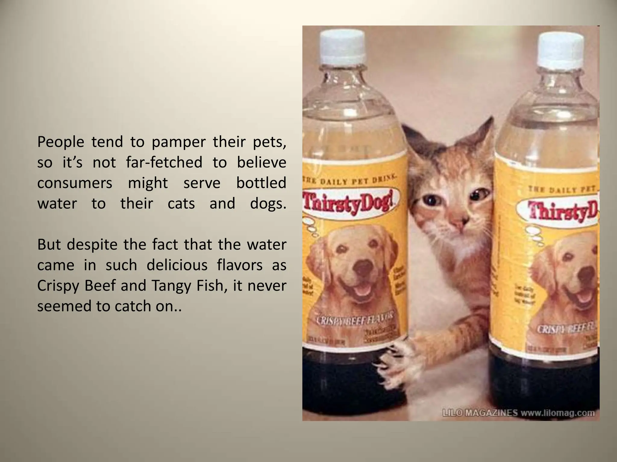 People tend to pamper their pets,
so it’s not far-fetched to believe
consumers might serve bottled
water to their cats and dogs.
But despite the fact that the water
came in such delicious flavors as
Crispy Beef and Tangy Fish, it never
seemed to catch on..
 