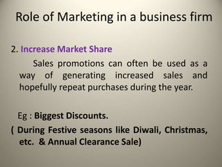Role of Marketing in a business firm
2. Increase Market Share
Sales promotions can often be used as a
way of generating increased sales and
hopefully repeat purchases during the year.
Eg : Biggest Discounts.
( During Festive seasons like Diwali, Christmas,
etc. & Annual Clearance Sale)
 