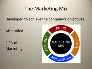 The Marketing Mix
Developed to achieve the company’s objectives.
Also called:
4 P’s of
Marketing
 