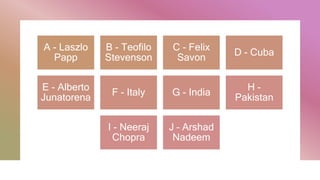 A - Laszlo
Papp
B - Teofilo
Stevenson
C - Felix
Savon
D - Cuba
E - Alberto
Junatorena
F - Italy G - India
H -
Pakistan
I - Neeraj
Chopra
J – Arshad
Nadeem
 