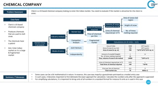 100
CHEMICAL COMPANY
Case Facts
• Client is US-based
chemicals company
• Produces chemicals
that are used to melt
snow
• The chemicals have
a patent
• Aim: Enter Indian
market as it is a large
& fragmented
market
• Some cases can be a bit mathematical in nature. In essence, this case was majorly a guesstimate portrayed as a market entry case
• In such cases, it becomes important to first delineate the exact approach for calculation. Calculate the numbers only after the approach is approved
• For simplifying calculations, it is important to bring units of all numbers in a standard format for instance SI units as is used in this case
Summary / Takeaways
Problem Statement
Client is a US-based chemical company looking to enter the Indian market. You need to evaluate if the market is attractive for the client to
enter.
Market Entry
Framework
Industry analysis
Market Size
Litres of chemical
required
Volume of snow
present (in m^3)
Area of snow-clad
region
Height of snow
No. of times
melting required
Litres of chemical
required per m^3
Price of chemical
per litre
Competitor
Analysis
Fragmented
market
Mode of entry
Joint Venture
Independently
Area of India 3500 10^3 sq.km
Area of snow (in sq. km) 700 10^3 sq.km
Area of snow (in sq. m) 700 *10^3*10^3*10^3 sq. m
Amount of snowfall (height) 1 m
No. of times melting required 20
Thus, volume of snow to be melted 14000 *10^9 m^3
Litres of chemical required per m^3 0.01 L
Total litres of chemical required 140 *10^9L
Price per litre of chemical 0.5 $
Total market size 70 Billion $
Calculations (in SI-Units – m/L)
 