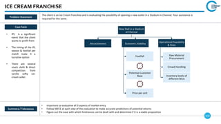 102
ICE CREAM FRANCHISE
• Important to evaluative all 3 aspects of market entry
• Follow MECE at each step of the evaluation to make accurate predictions of potential returns
• Figure out the ease with which hindrances can be dealt with and determine if it is a viable proposition
Summary / Takeaways
Problem Statement
The client is an Ice Cream franchise and is evaluating the possibility of opening a new outlet in a Stadium in Chennai. Your assistance is
required for the same.
Case Facts
• IPL is a significant
event that the client
wants to profit from
• The timing of the IPL
season & footfall per
match make it a
lucrative option
• There are several
snack stalls & direct
competition from
vanilla softy ice-
cream seller.
New Stall in a Stadium
at Chennai
Attractiveness Economic Viability
Operational Feasibility
& Risks
Raw Material
Procurement
Crowd Handling
Inventory levels of
different SKUs
Footfall
Potential Customer
Base
Price per unit
 
