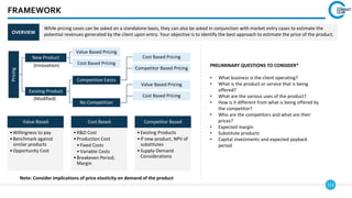 112
FRAMEWORK
While pricing cases can be asked on a standalone basis, they can also be asked in conjunction with market entry cases to estimate the
potential revenues generated by the client upon entry. Your objective is to identify the best approach to estimate the price of the product.
OVERVIEW
Value Based
•Willingness to pay
•Benchmark against
similar products
•Opportunity Cost
Cost Based
•R&D Cost
•Production Cost
•Fixed Costs
•Variable Costs
•Breakeven Period,
Margin
Competitor Based
•Existing Products
•If new product, NPV of
substitutes
•Supply-Demand
Considerations
Note: Consider implications of price elasticity on demand of the product
Pricing
New Product
Value Based Pricing
Cost Based Pricing
Existing Product
Competition Exists
Cost Based Pricing
Competitor Based Pricing
No Competition
Value Based Pricing
Cost Based Pricing
(Modified)
(Innovation) PRELIMINARY QUESTIONS TO CONSIDER*
• What business is the client operating?
• What is the product or service that is being
offered?
• What are the various uses of the product?
• How is it different from what is being offered by
the competitor?
• Who are the competitors and what are their
prices?
• Expected margin
• Substitute products
• Capital investments and expected payback
period
 