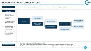114
KOREAN FERTILIZER MANUFACTURER
Case Facts
• Client is into
chemicals, fertilizers
& petroleum
products
• US is a bigger market
hence client wants
to enter
• The fertilizer helps in
fruit growth (20%-
time decrease)
• Client has a patent &
there are no exact
competitors
• Since it is a new fertilizer, value-based pricing is used
• Here value is derived basis additional revenue & additional costs incurred i.e. overall additional profit for the user
• Finally, a maximum price is determined basis such that new total profit (with this product) > previous total profit (w/o product)
Client is a Korean conglomerate and wants to launch a new fertilizer in the US market. Suggest pricing for the fertilizer.
Pricing
New product
Existing product
(innovation)
Competition exists
No competition
Value based pricing
Additional revenue
generated
Extra cost incurred
Cost based pricing
Summary / Takeaways
Problem Statement
 