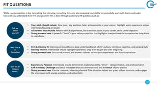 12
FIT QUESTIONS
While case preparation is key to cracking the interview, consulting firms are also assessing your ability to successfully work with teams and judge
how well you understand their firm and yourself. This is done through customary HR questions such as:
Tell me
about
yourself
Why Firm X
or
Consulting
Give me an
instance
when…
• Your pitch should include: Your past, key positions held, achievements in your career; highlight work experience and/or
internships focusing on results
• All answers must include: Relative skills & experiences, key transition points in your career, and a career objective
• Strong answers have: A powerful “hook” – your value proposition that highlights how you have the competencies they desire
in a candidate
• Firm & industry fit: Interviewee should have a deep understanding of a firm’s culture, functional expertise, and working style
• Industry interest: Interviewee should highlight experiences they want to gain and skills they bring
• Strong answers have: Structured reasons, and answers tailored to your prior experiences and future aspirations
• Experience / Personal: Interviewee should demonstrate leadership ability, “drive” – taking initiative, and professionalism
• CAR: Context / Challenge you faced, the Action that you demonstrated, and the Result of your actions
• Strong answers have: Concise response, a learning element if the situation helped you grow, utilizes structure, and engages
the interviewer with energy, emotion, and authenticity
 