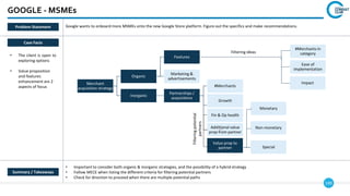 149
GOOGLE - MSMEs
Merchant
acquisition strategy
Organic
Features
Marketing &
advertisements
Partnerships /
acquisitions
#Merchants
Fin & Op health
Additional value
prop from partner
Monetary
Non-monetary
Special
#Merchants in
category
Ease of
implementation
Impact
Growth
Inorganic
Google wants to onboard more MSMEs onto the new Google Store platform. Figure out the specifics and make recommendations.
Value prop to
partner
Filtering ideas
Filtering
potential
partners
Summary / Takeaways
Problem Statement
Case Facts
• The client is open to
exploring options
• Value proposition
and features
enhancement are 2
aspects of focus
• Important to consider both organic & inorganic strategies, and the possibility of a hybrid strategy
• Follow MECE when listing the different criteria for filtering potential partners
• Check for direction to proceed when there are multiple potential paths
 