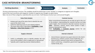 15
CASE INTERVIEW: BRAINSTORMING
The key to brainstorming is structure. The candidate should first devise two or more “buckets” or categories to organize one’s thoughts.
Some of the most commonly used categories / buckets to organize your thoughts are given below.
Note: Use one of these categories, especially when you are stuck. It will help you structure your unstructured thoughts
*Note: This is not an exhaustive list of frameworks. The candidate is encouraged to apply his/her creativity
Clarifying Questions Framework Analysis
Brainstorming Conclusion
When conventional frameworks do not help you get to the crux
of the problem, understanding the customer journey can bring
useful insights. One framework to describe Customer Journey is
AIDA – Attention, Interest, Desire, Action (Useful in Sales /
Revenue Improvement cases).
Refer Profitability -> Customer Journey section for one
comprehensive framework
• Analyze each step of the value chain to identify the root
cause of the client’s issue
• Useful for exploring causes to cost related problems
• The entire value chain is described in Profitability -> Cost
Reduction – Value Chain Analysis section
Value Chain Analysis Customer Journey
• Useful in profitability cases to identify whether the root
cause of the problem is due to supply push or demand pull
• Typically used in exploring revenue related problems
Supply vs Demand
• Internal factors represent any aspect internal to the client’s
business (e.g.: products, process, brand, leadership, etc.)
• External factors represent those which are beyond the
client’s control (e.g.: competition, government regulations,
market trends, etc.)
Internal vs External
 