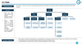 156
VC FIRM
Case Facts
• These are early-
stage startups which
indicates not
significant revenue /
operations / profits
• These startups
produce a wide-
range of devices
such as a small plug
and play devices that
make existing
products
“intelligent” and
even new intelligent
devices altogether
• This case didn’t involve much calculation but it is possible that in a valuation case the interviewer might ask you to perform some calculations
• The calculations won’t necessarily be tough and might just be simple calculations infact
• It is always better to take some time to think of a structured approach to solve the cases
Summary / Takeaways
Problem Statement
Your client is a VC firm. They are currently valuing a group of semiconductor start-ups for home IOT devices. How will you value these
startups?
Startup
Valuation
Market
Analysis
Market
Potential
Market Size
Overall
Demand
Competitive
Landscape
Major Players
Positioning
Market Trends
Consumer
preference
Regulations
Company
Analysis
Technology
Differentiation
IP Portfolio
Scalability
Financial
Assessment
Financial
Performance
DCF
VC Method
Precedent
Transaction
Comparable
Companies
Management Risk Analysis
 