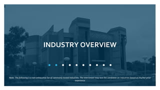 18
INDUSTRY OVERVIEW
Note: The following is a non-exhaustive list of commonly tested industries. The interviewer may test the candidate on industries based on his/her prior
experience
 