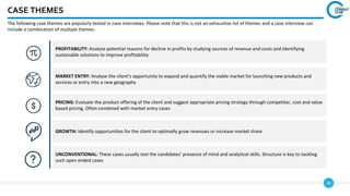40
CASE THEMES
The following case themes are popularly tested in case interviews. Please note that this is not an exhaustive list of themes and a case interview can
include a combination of multiple themes.
PROFITABILITY: Analyze potential reasons for decline in profits by studying sources of revenue and costs and identifying
sustainable solutions to improve profitability
MARKET ENTRY: Analyze the client’s opportunity to expand and quantify the viable market for launching new products and
services or entry into a new geography
PRICING: Evaluate the product offering of the client and suggest appropriate pricing strategy through competitor, cost and value
based pricing. Often combined with market entry cases
GROWTH: Identify opportunities for the client to optimally grow revenues or increase market share
UNCONVENTIONAL: These cases usually test the candidates’ presence of mind and analytical skills. Structure is key to tackling
such open ended cases
 