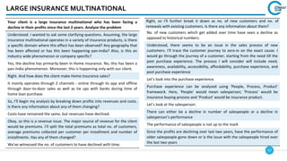 57
LARGE INSURANCE MULTINATIONAL
Your client is a large insurance multinational who has been facing a
decline in their profits since the last 2 years. Analyze the problem
Understood. I wanted to ask some clarifying questions. Assuming, the large
insurance multinational operates in a variety of insurance products, is there
a specific domain where this effect has been observed? Any geography that
has been affected or has this been happening pan-India? Also, is this an
industry wide phenomenon or company specific?
Yes, the decline has primarily been in Home insurance. No, this has been a
pan-India phenomenon. Moreover, this is happening only with our client.
Right. And how does the client make Home insurance sales?
It mainly operates through 2 channels - online through its app and offline
through door-to-door sales as well as tie ups with banks during time of
home loan purchase.
So, I'll begin my analysis by breaking down profits into revenues and costs.
Is there any information about any of them changing?
Costs have remained the same, but revenues have declined.
Okay, so this is a revenue issue. The major source of revenue for the client
would be premiums. I'll split the total premiums as total no. of customers,
average premiums collected per customer per installment and number of
installments. Has any of them changed?
We've witnessed the no. of customers to have declined with time.
Right, so I'll further break it down as no. of new customers and no. of
renewals with existing customers. Is there any information about them?
No. of new customers which get added over time have seen a decline as
opposed to historical numbers.
Understood, there seems to be an issue in the sales process of new
customers. I'll trace the customer journey to zero-in on the exact cause. I
would go through the journey of a customer, starting from the need till the
post purchase experience. The process I will consider will include need,
awareness, availability, accessibility, affordability, purchase experience, and
post purchase experience
Let’s look into the purchase experience.
Purchase experience can be analyzed using 'People, Process, Product'
framework. Here, 'People' would mean salesperson; 'Process' would be
insurance buying process and ‘Product' would be insurance product.
Let’s look at the salesperson.
There can either be a decline in number of salespeople or a decline in
salesperson’s performance
The performance of salespeople is not up to the mark
Since the profits are declining over last two years, have the performance of
older salespeople gone down or is the issue with the salespeople hired over
the last two years
 
