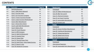 7
CONTENTS
S. No Particulars Page No.
4.5 Declining Revenues 46
4.6 Case 1: Delhi Metro Network 47
4.7 Case 2: Five Star Hotel 49
4.8 Case 3: Car Insurance Company 52
4.9 Case 4: Tractor Insurance Provider 54
4.10 Case 5: Large Insurance Multinational 57
4.11 Case 6: Beer Manufacturer 60
4.12 Case 7: Kirana Store Owner 62
4.13 Case 8: Light Bulb Manufacturer 64
4.14 Case 9: Bakery Shop 66
4.15 Case 10: French Museum 68
4.16 Case 11: BPO Company 70
4.17 Case 12: High-End Restaurant 73
4.18 Case 13: Hospital Chain 75
4.19 Case 14: Flower Shop 78
4.20 Case 15: Thermal Power Plant 80
4.21 Case 16: Hotel Chain- Value Added Services 82
4.22 Case 17: Resort in Goa 85
4.23 Case 18: Deodorant Company 87
5 Market Entry
5.1 Framework 90
5.2 Case 19: Edible Oil Manufacturer 93
5.3 Case 20: Bike Taxi Launch 95
5.4 Case 21: Chemical Company 98
5.5 Case 22: Ice Cream Franchise 101
5.6 Case 23: Automobile Manufacturer 103
5.7 Case 24: Contact Lens 107
6 Pricing
6.1 Framework 112
6.2 Case 25: Korean Fertilizer Manufacturer 113
6.3 Case 26: Toothbrush Manufacturer 115
6.4 Case 27: Teleporting Machine 117
6.5 Case 28: Global Event Pricing 119
6.6 Case 29: Expressway Pricing 121
7 Growth
7.1 Framework 125
7.2 International Expansion 126
7.3 Case 30: Automobile Parts Manufacturer 127
 
