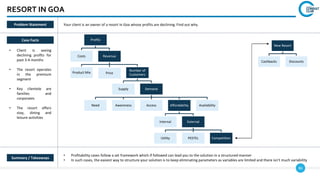 86
Profits
Revenue
Number of
Customers
Demand
Availability
Affordability
External
Competition
PESTEL
Utility
Internal
Access
Awareness
Need
Supply
Price
Product Mix
Costs
RESORT IN GOA
Case Facts
• Client is seeing
declining profits for
past 3-4 months
• The resort operates
in the premium
segment
• Key clientele are
families and
corporates
• The resort offers
stay, dining and
leisure activities
• Profitability cases follow a set framework which if followed can lead you to the solution in a structured manner
• In such cases, the easiest way to structure your solution is to keep eliminating parameters as variables are limited and there isn’t much variability
Summary / Takeaways
Problem Statement Your client is an owner of a resort in Goa whose profits are declining. Find out why.
New Resort
Cashbacks Discounts
 