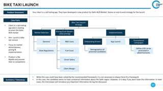 97
BIKE TAXI LAUNCH
Case Facts
• Client is a cab-hailing
app who is looking
to enter the Delhi-
NCR market
• Aim: Launch a bike-
taxi service
• Focus on market
attractiveness,
pricing &
implementation
• Product is like
Rapido and assume
that no competitors
• While this case could have been solved by the recommended framework, it is not necessary to always force-fit a framework
• In this case, the candidate seems to have contextual information about the Delhi region. However, it is okay if you don’t have this information. In most
cases, the interviewer will introduce any important information during the discussion
Summary / Takeaways
Problem Statement Your client is a cab hailing app. They have developed a new product for Delhi-NCR Market. Devise an end-to-end strategy for the launch.
Bike-Taxi Launch
Strategy
Market Selection
Demand
State Regulations
Pricing (Cost-based +
value pricing)
R&D Costs
Fuel Costs
Driver Salary
Client Margin
Implementation
Onboarding Drivers
Demographics of
potential candidates
App Launch
Promotional
Campaigns
Define USPs to be
promoted in
advertisements
 