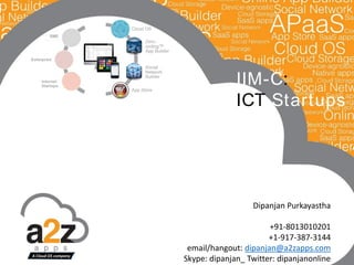 A Cloud OS company
Dipanjan Purkayastha
+91-8013010201
+1-917-387-3144
email/hangout: dipanjan@a2zapps.com
Skype: dipanjan_ Twitter: dipanjanonline
IIM-C:
ICT Startups
 