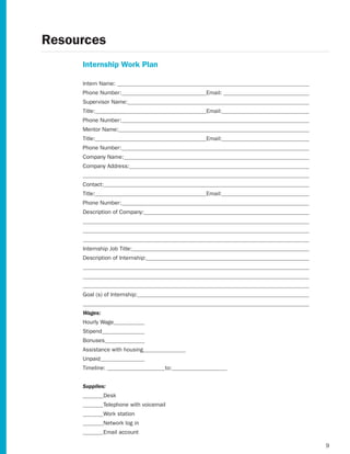 Resources
     Internship Work Plan

     Intern Name:
     Phone Number:                          Email:
     Supervisor Name:
     Title:                                 Email:
     Phone Number:
     Mentor Name:
     Title:                                 Email:
     Phone Number:
     Company Name:
     Company Address:


     Contact:
     Title:                                 Email:
     Phone Number:
     Description of Company:




     Internship Job Title:
     Description of Internship:




     Goal	(s)	of	Internship:


     Wages:
     Hourly Wage
     Stipend
     Bonuses
     Assistance with housing
     Unpaid
     Timeline:                        to:


     Supplies:
               Desk
               Telephone with voicemail
               Work station
               Network log in
               Email account

                                                     9
 