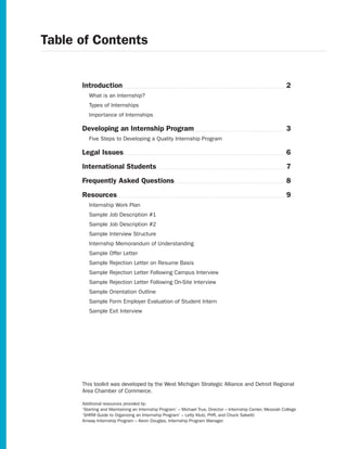 Table of Contents


      Introduction                                                                                             2
         What is an Internship?
         Types of Internships
         Importance of Internships

      Developing an Internship Program                                                                         3
         Five Steps to Developing a Quality Internship Program

      Legal Issues                                                                                             6
      International Students                                                                                   7
      Frequently Asked Questions                                                                               8
      Resources                                                                                                9
         Internship Work Plan
         Sample Job Description #1
         Sample Job Description #2
         Sample Interview Structure
         Internship Memorandum of Understanding
         Sample Offer Letter
         Sample Rejection Letter on Resume Basis
         Sample Rejection Letter Following Campus Interview
         Sample Rejection Letter Following On-Site Interview
         Sample Orientation Outline
         Sample Form Employer Evaluation of Student Intern
         Sample Exit Interview




      This toolkit was developed by the West Michigan Strategic Alliance and Detroit Regional
      Area Chamber of Commerce.

      Additional resources provided by:
      ‘Starting and Maintaining an Internship Program’ – Michael True, Director – Internship Center, Messiah College
      ‘SHRM Guide to Organizing an Internship Program’ – Letty Klutz, PHR, and Chuck Salvetti
      Amway Internship Program – Kevin Douglas, Internship Program Manager
 