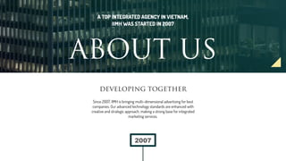 A TOP INTEGRATED AGENCY IN VIETNAM,
IIMH WAS STARTED IN 2007
ABOUT US
DEVELOPING TOGETHER
Since 2007, IIMH is bringing multi-dimensional advertising for best
companies. Our advanced technology standards are enhanced with
creative and strategic approach, making a strong base for integrated
marketing services.
2007
 