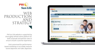 PVI Sun Life website is supported by
thoroughly refined online platform for
both corporate and pension sites to
ensure smooth customer experience.
And customised for performance-
based marketing to accurately measure
brand objectives and sales objectives.
WEB
PRODUCTION
AND
STRATEGY
 