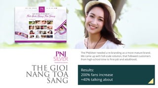 THE GIOI
NANG TOA
SANG
The PNJSilver needed a re-branding as a more mature brand.
We came up with full-scale solution, that followed customers
from high-school time to first-job and adulthood. 
Results:
200% fans increase
+40% talking about
 
