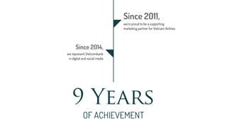 9 Years
OF ACHIEVEMENT
Since 2011,
Since 2014,
we represent Vietcombank
in digital and social media
we’re proud to be a supporting
marketing partner for Vietnam Airlines
 