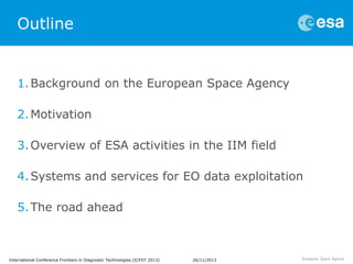 Outline

1. Background on the European Space Agency
2. Motivation
3. Overview of ESA activities in the IIM field
4. System...