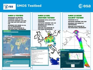 SMOS Testbed
SMOS L1 TESTBED
Processor:s Calibration,
Telemetry, Level 1A, 1B, 1C
Supported versions: 3.46, 5.00,
5.01, 5....