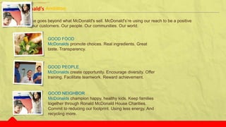 Our purpose goes beyond what McDonald's sell. McDonald's’re using our reach to be a positive
force. For our customers. Our people. Our communities. Our world.
GOOD FOOD
McDonalds promote choices. Real ingredients. Great
taste. Transparency.
GOOD PEOPLE
McDonalds create opportunity. Encourage diversity. Offer
training. Facilitate teamwork. Reward achievement.
GOOD NEIGHBOR
McDonalds champion happy, healthy kids. Keep families
together through Ronald McDonald House Charities.
Commit to reducing our footprint. Using less energy. And
recycling more.
AmbitionMcDonald's
 