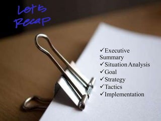 Executive
Summary
SituationAnalysis
Goal
Strategy
Tactics
Implementation
 
