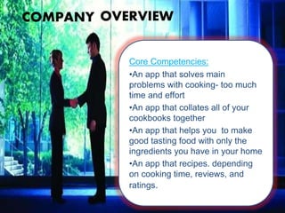 COMPANY OVERVIEW
Core Competencies:
•An app that solves main
problems with cooking- too much
time and effort
•An app that collates all of your
cookbooks together
•An app that helps you to make
good tasting food with only the
ingredients you have in your home
•An app that recipes. depending
on cooking time, reviews, and
ratings.
 