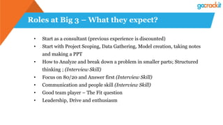 Roles at Big 3 – What they expect?
• Start as a consultant (previous experience is discounted)
• Start with Project Scoping, Data Gathering, Model creation, taking notes
and making a PPT
• How to Analyze and break down a problem in smaller parts; Structured
thinking ; (Interview Skill)
• Focus on 80/20 and Answer first (Interview Skill)
• Communication and people skill (Interview Skill)
• Good team player – The Fit question
• Leadership, Drive and enthusiasm
 