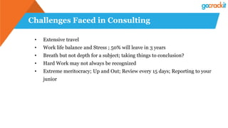 Challenges Faced in Consulting
• Extensive travel
• Work life balance and Stress ; 50% will leave in 3 years
• Breath but not depth for a subject; taking things to conclusion?
• Hard Work may not always be recognized
• Extreme meritocracy; Up and Out; Review every 15 days; Reporting to your
junior
 