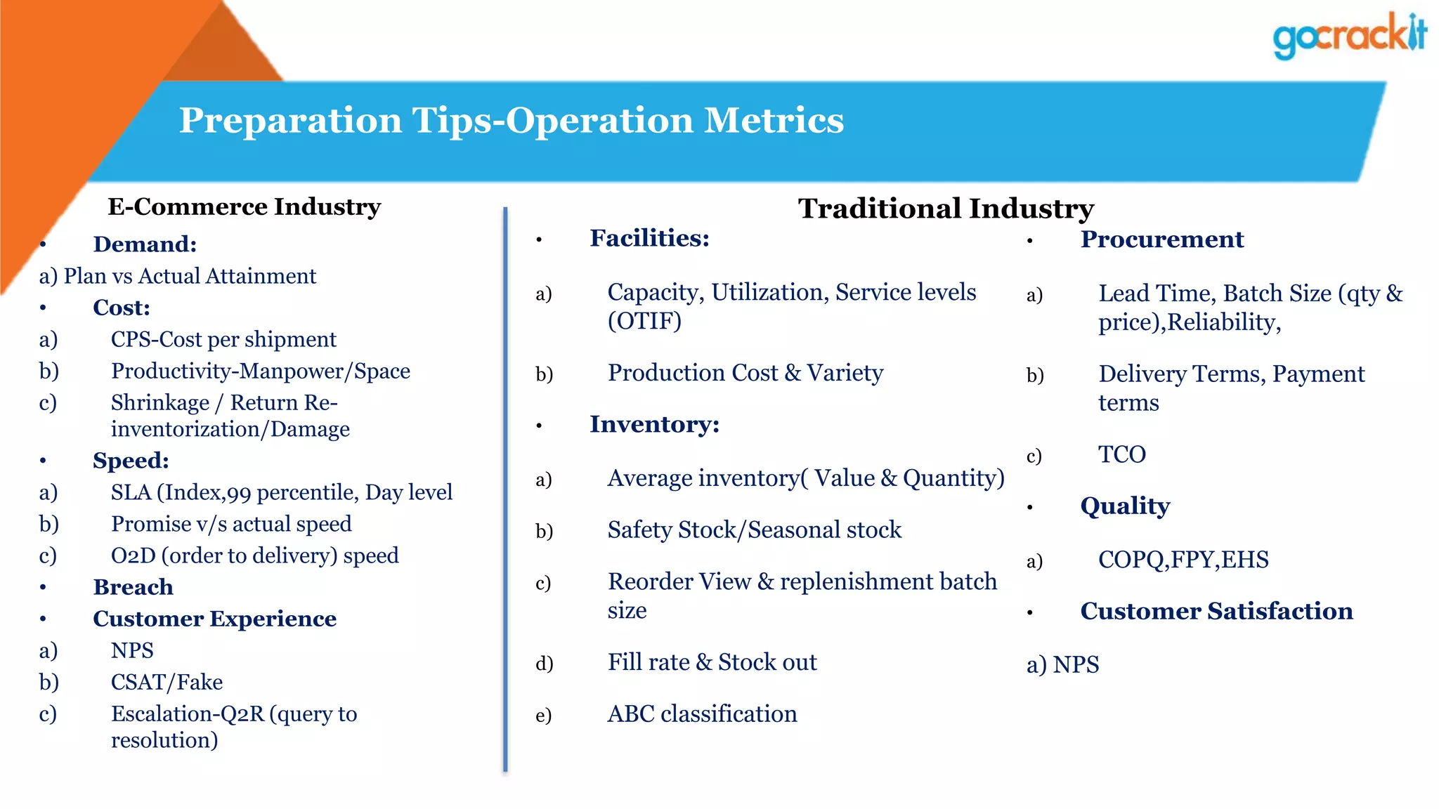 Preparation Tips-Operation Metrics
• Demand:
a) Plan vs Actual Attainment
• Cost:
a) CPS-Cost per shipment
b) Productivity-Manpower/Space
c) Shrinkage / Return Re-
inventorization/Damage
• Speed:
a) SLA (Index,99 percentile, Day level
b) Promise v/s actual speed
c) O2D (order to delivery) speed
• Breach
• Customer Experience
a) NPS
b) CSAT/Fake
c) Escalation-Q2R (query to
resolution)
• Facilities:
a) Capacity, Utilization, Service levels
(OTIF)
b) Production Cost & Variety
• Inventory:
a) Average inventory( Value & Quantity)
b) Safety Stock/Seasonal stock
c) Reorder View & replenishment batch
size
d) Fill rate & Stock out
e) ABC classification
E-Commerce Industry Traditional Industry
• Procurement
a) Lead Time, Batch Size (qty &
price),Reliability,
b) Delivery Terms, Payment
terms
c) TCO
• Quality
a) COPQ,FPY,EHS
• Customer Satisfaction
a) NPS
 