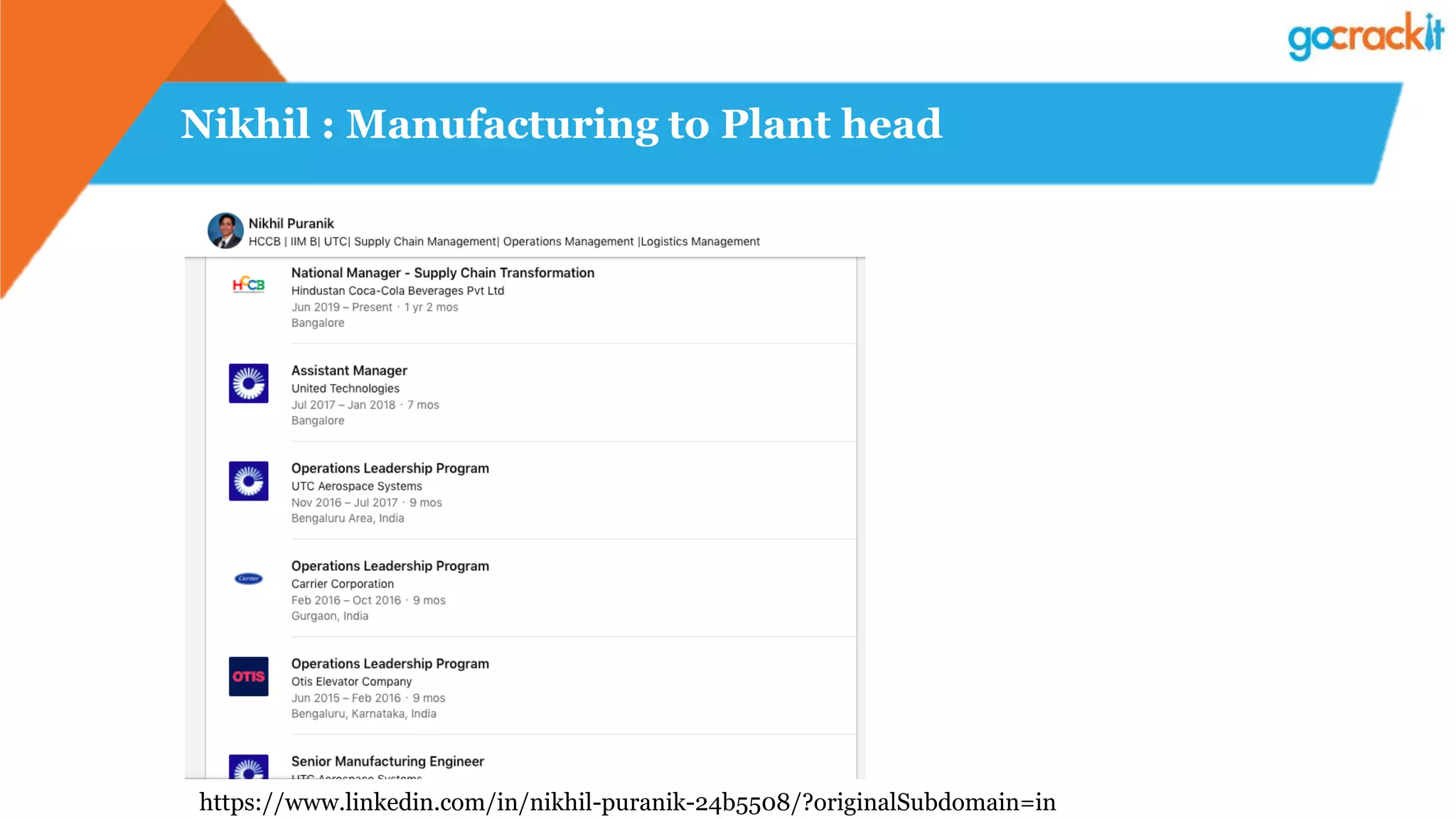 Nikhil : Manufacturing to Plant head
https://www.linkedin.com/in/nikhil-puranik-24b5508/?originalSubdomain=in
 