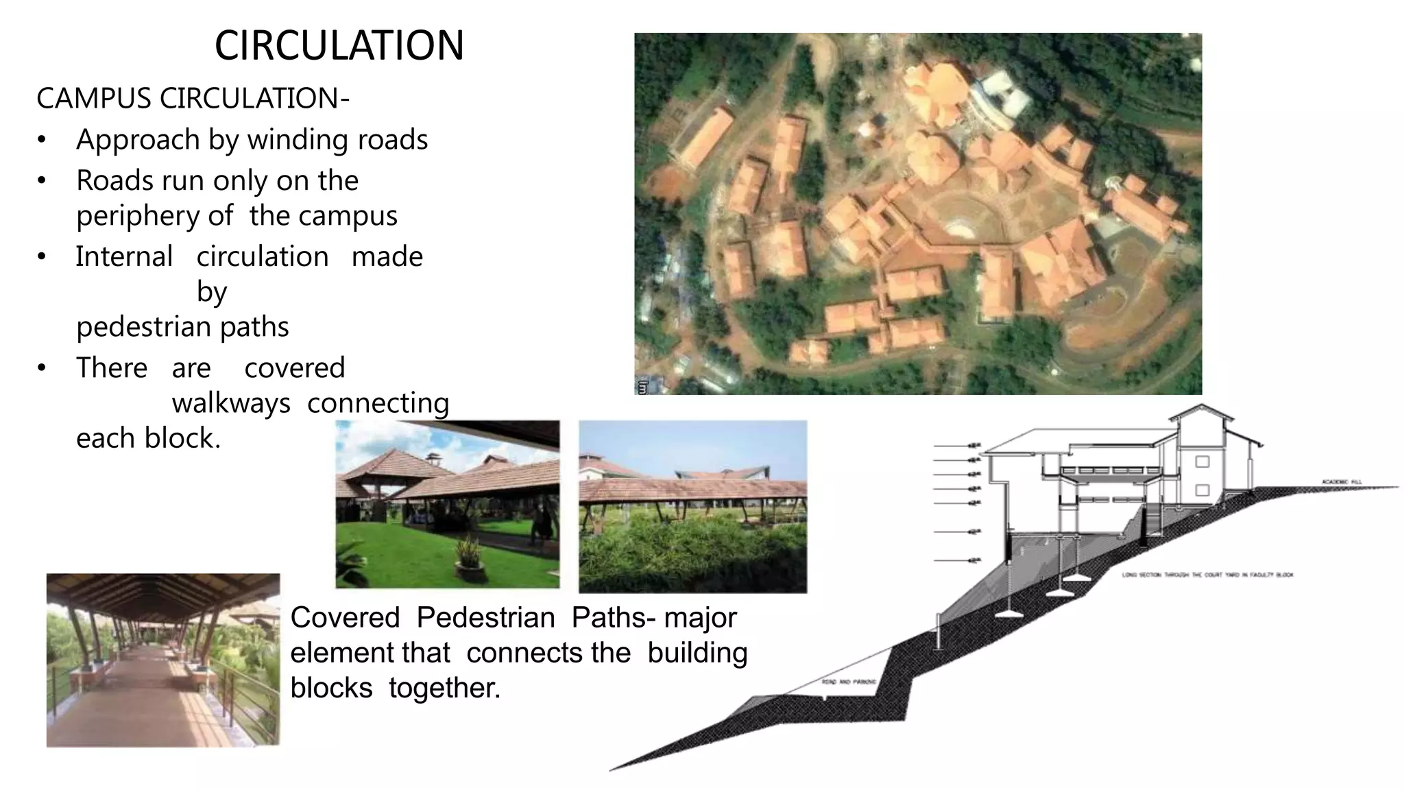 CIRCULATION
CAMPUS CIRCULATION-
• Approach by winding roads
• Roads run only on the
periphery of the campus
• Internal circulation made
by
pedestrian paths
• There are covered
walkways connecting
each block.
Covered Pedestrian Paths- major
element that connects the building
blocks together.
 
