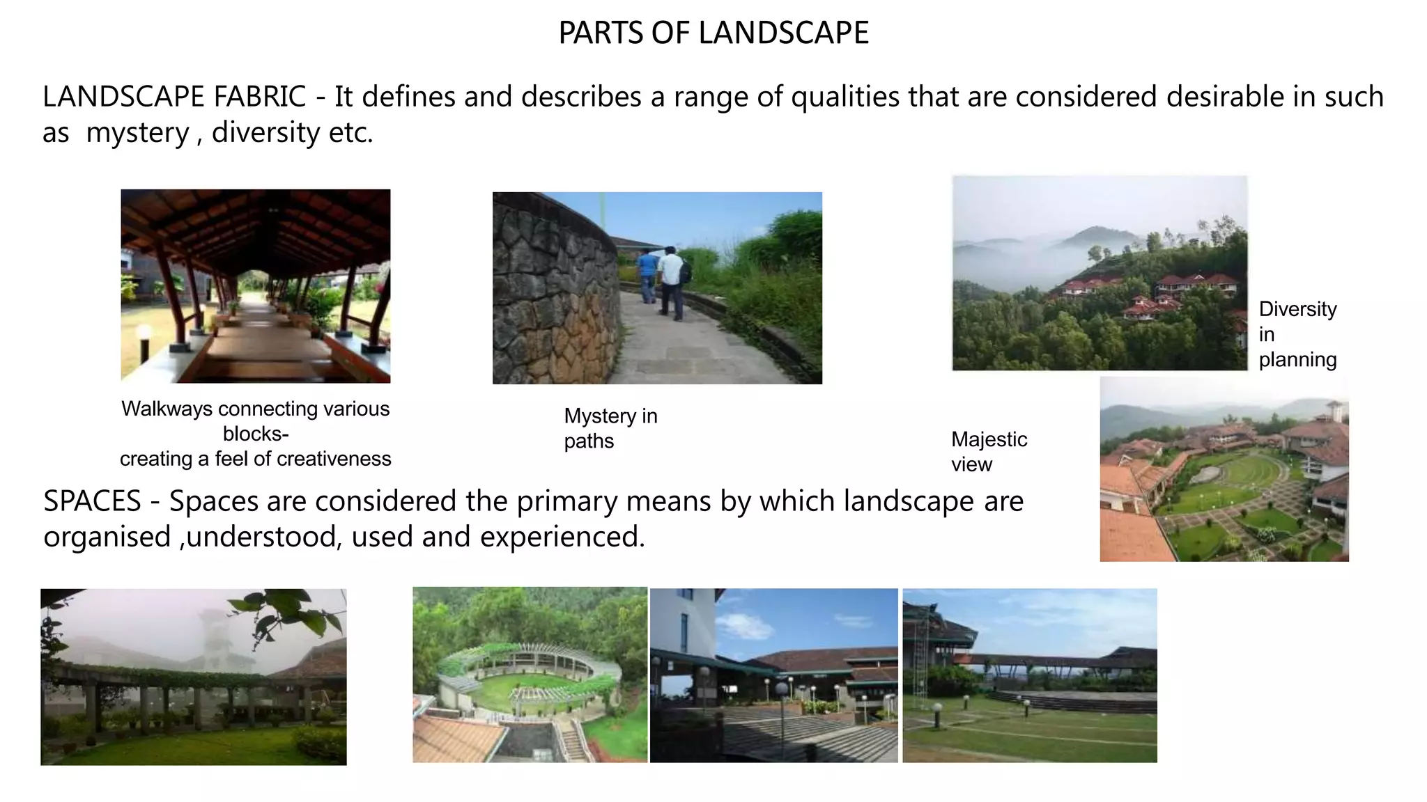 PARTS OF LANDSCAPE
LANDSCAPE FABRIC - It defines and describes a range of qualities that are considered desirable in such
as mystery , diversity etc.
Diversity
in
planning
Mystery in
paths
Walkways connecting various
blocks-
creating a feel of creativeness
SPACES - Spaces are considered the primary means by which landscape are
organised ,understood, used and experienced.
Majestic
view
 