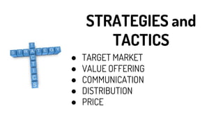 STRATEGIES and
TACTICS
● TARGET MARKET
● VALUE OFFERING
● COMMUNICATION
● DISTRIBUTION
● PRICE
 