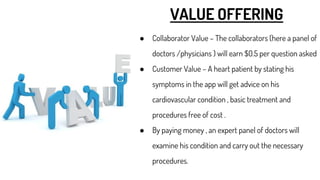 VALUE OFFERING
● Collaborator Value – The collaborators (here a panel of
doctors /physicians ) will earn $0.5 per question asked
● Customer Value – A heart patient by stating his
symptoms in the app will get advice on his
cardiovascular condition , basic treatment and
procedures free of cost .
● By paying money , an expert panel of doctors will
examine his condition and carry out the necessary
procedures.
 