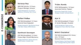 Saranya Roy
MBA IIM Calcutta | 14 Years
Program Manager, Amazon
Program Management | E-commerce
Operations | Consulting | PwC | Virtusa
Tridev Kundu
EPGP IIM Bangalore | 14 Years
Associate Director, Flipkart
EpCommerce Supply Chain | Growth
Strategist | Genpact | Schneider Electric
Pallavi Palkar
PGP IIM Ahmedabad | 12 Years
National Head, Bigbasket
Strategy & Operations | New Business Growth
| P&L Head | Flipkart | KPMG Advisory
Santhosh Sarangan
PGP IIM Ahmedabad | 13 Years
Product Mgt | Growth Mechanics
Strategy & Operations | Advisory Services |
DW/BI | Amazon | Cloudtail | Uber
E-COM
M
E
R
C
E
Ajai U
PGP IIM Ahmedabad | 9 Years
Sr Vendor Manager, Cloudtail
Vendor Management | Global Account
Management | Practo | MindTree | Google
Nikhil Chalakkal
PGP IIM Ahmedabad, M.S. Emory
Univ | 10 Years
Decision Scientist | FedEx
Business Analytics | Data Science | Supply
Chain | Strategy & Planning | NCR | Flipkart
 