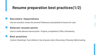 Resume preparation best practices(1/2)
Relevant resume points
How to create relevant resume points - Projects, competitions, PORs, Volunteering
Recruiters' Expectations
How do recruiters' screen the resumes? Relevance and potential of resume for a job
Best practices
Content | Bucketing | Top to Bottom | Use of power verbs | Structuring | Phrasing | Myths busting
 