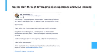 Career shift through leveraging past experience and MBA learning
 