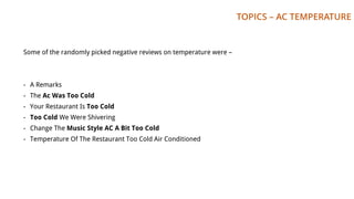 TOPICS – AC TEMPERATURE
Some of the randomly picked negative reviews on temperature were –
- A Remarks
- The Ac Was Too Cold
- Your Restaurant Is Too Cold
- Too Cold We Were Shivering
- Change The Music Style AC A Bit Too Cold
- Temperature Of The Restaurant Too Cold Air Conditioned
 