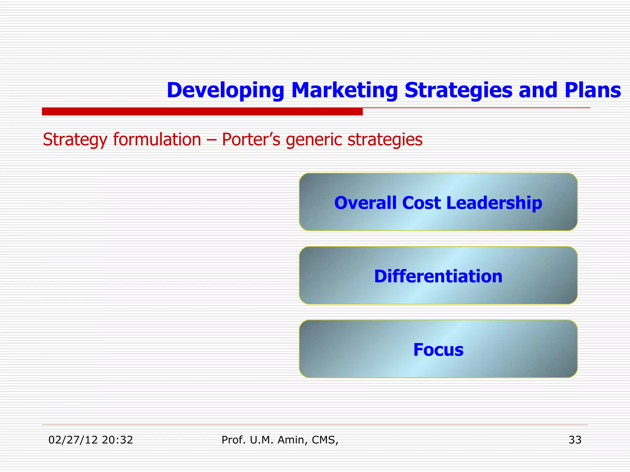 Strategy formulation – Porter’s generic strategies Developing Marketing Strategies and Plans Overall Cost Leadership Differentiation Focus 