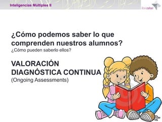 Inteligencias Múltiples II

¿Cómo podemos saber lo que
comprenden nuestros alumnos?
¿Cómo pueden saberlo ellos?

VALORACIÓN
DIAGNÓSTICA CONTINUA
(Ongoing Assessments)

 