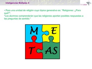 Inteligencias Múltiples II

• Para una unidad de religión cuyo tópico generativo es: “Religiones: ¿Para
qué?":
"Los alumnos comprenderán que las religiones aportan posibles respuestas a
las preguntas de sentido."

 