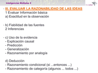 Inteligencias Múltiples II

• III. EVALUAR LA RAZONABILIDAD DE LAS IDEAS

1 Evaluar Información básica
a) Exactitud en la observación
• b) Fiabilidad de las fuentes

2 Inferencias
• c) Uso de la evidencia

- Explicación causal
- Predicción
- Generalización
- Razonamiento por analogía
d) Deducción
- Razonamiento condicional (si ...entonces ...)
- Razonamiento de categoría (algunos ... todos ...)

 